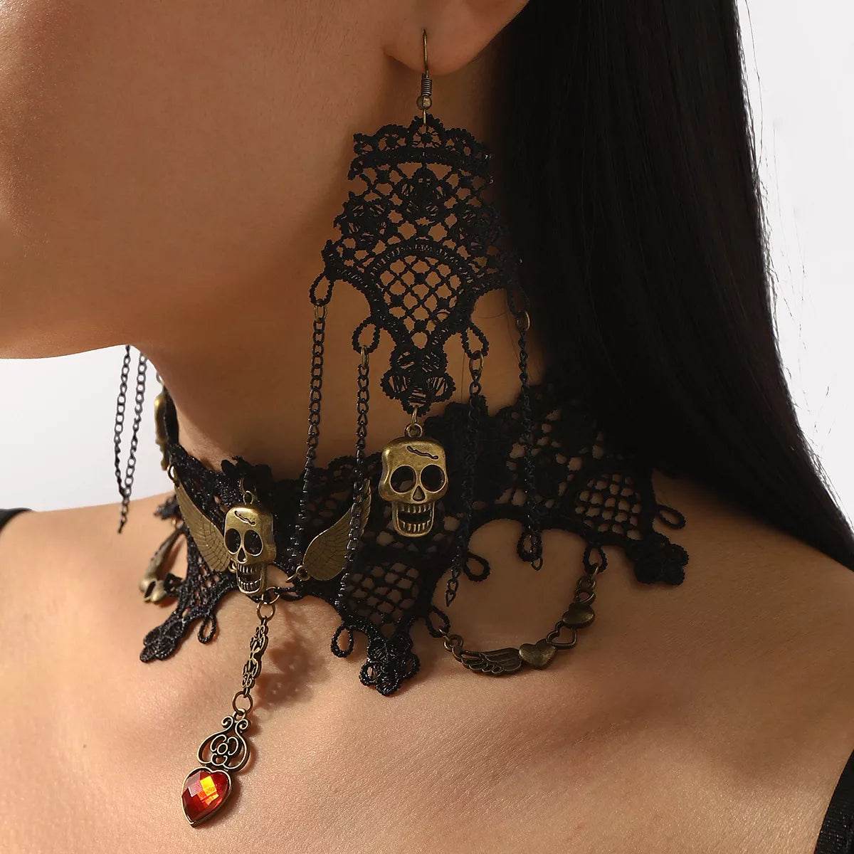 Halloween Lace Skull Necklace and Earrings Jewelry Set - ELY VESSA LLC