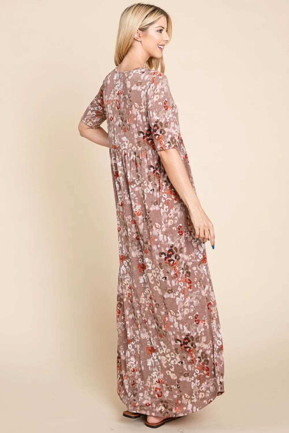 BOMBOM Printed Shirred Maxi Dress - ELY VESSA LLC