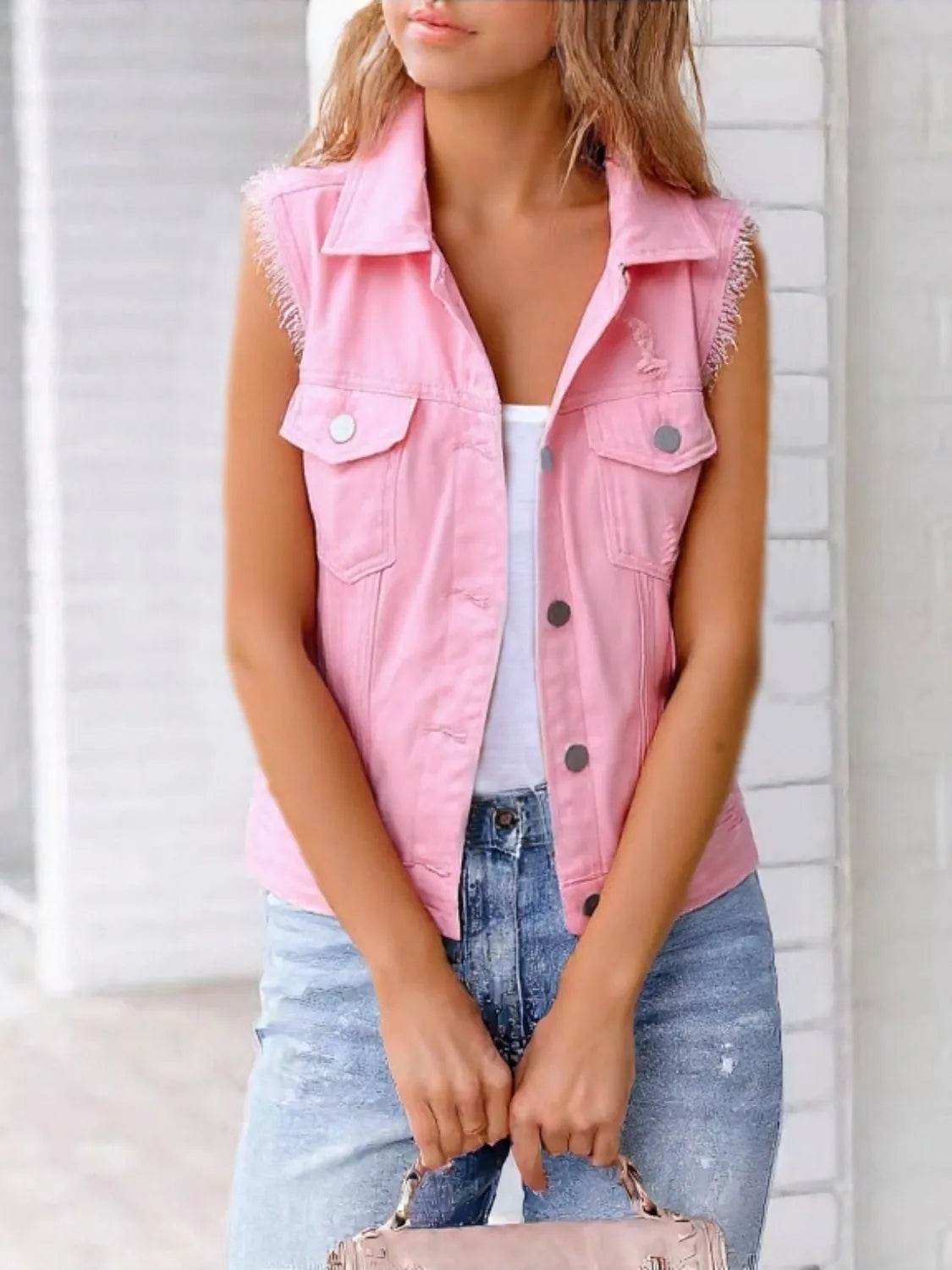 Full Size Sleeveless Frayed Denim Vest Jacket Plus Size - ELY VESSA LLC