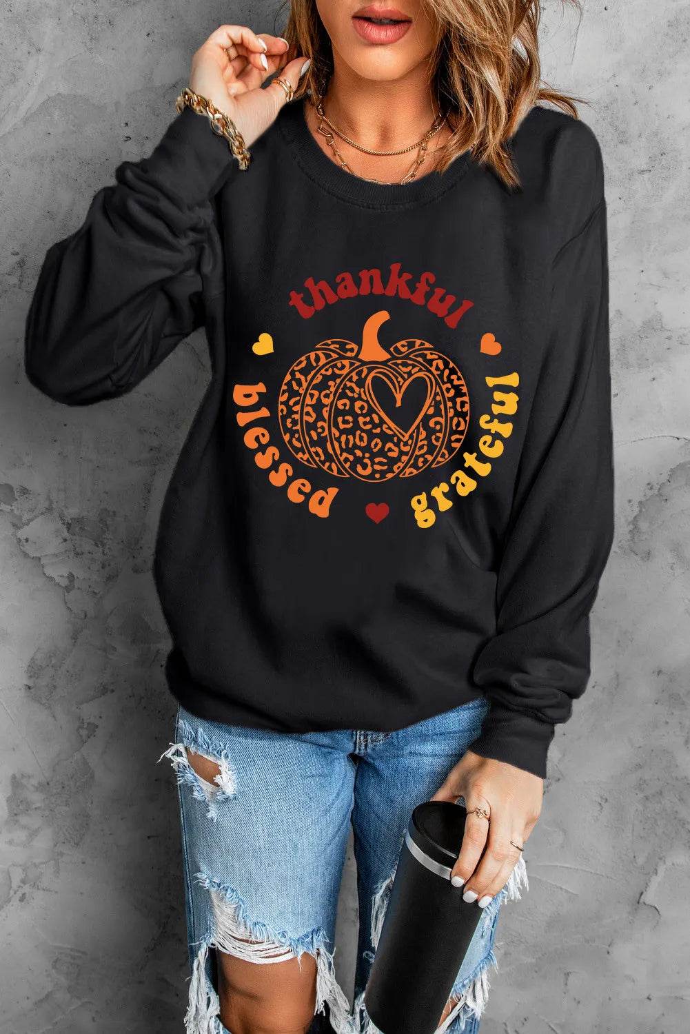 Pumpkin Graphic Long Sleeve Sweatshirt - ELY VESSA LLC