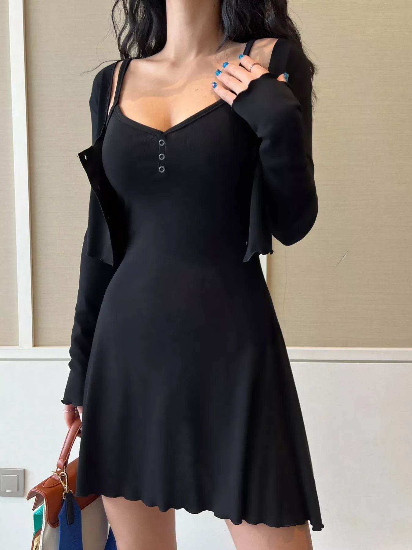 V-Neck Cami Dress and Cardigan Set - ELY VESSA LLC