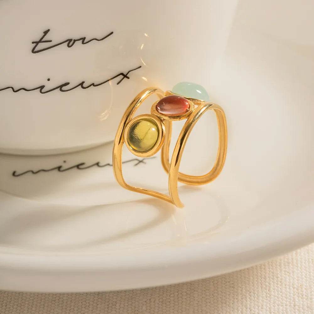 18K Gold-Plated Gemstone Open Cuff Ring - ELY VESSA LLC
