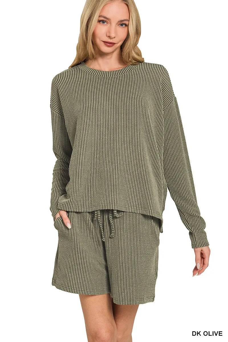 Zenana Corded Rib Long Sleeve Tee and Shorts Set - ELY VESSA LLC