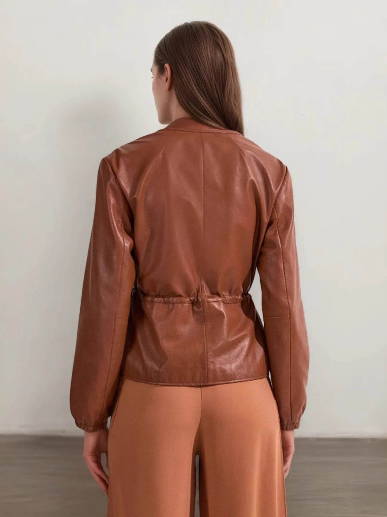 Drawstring Zip Up Leather Jacket - ELY VESSA LLC