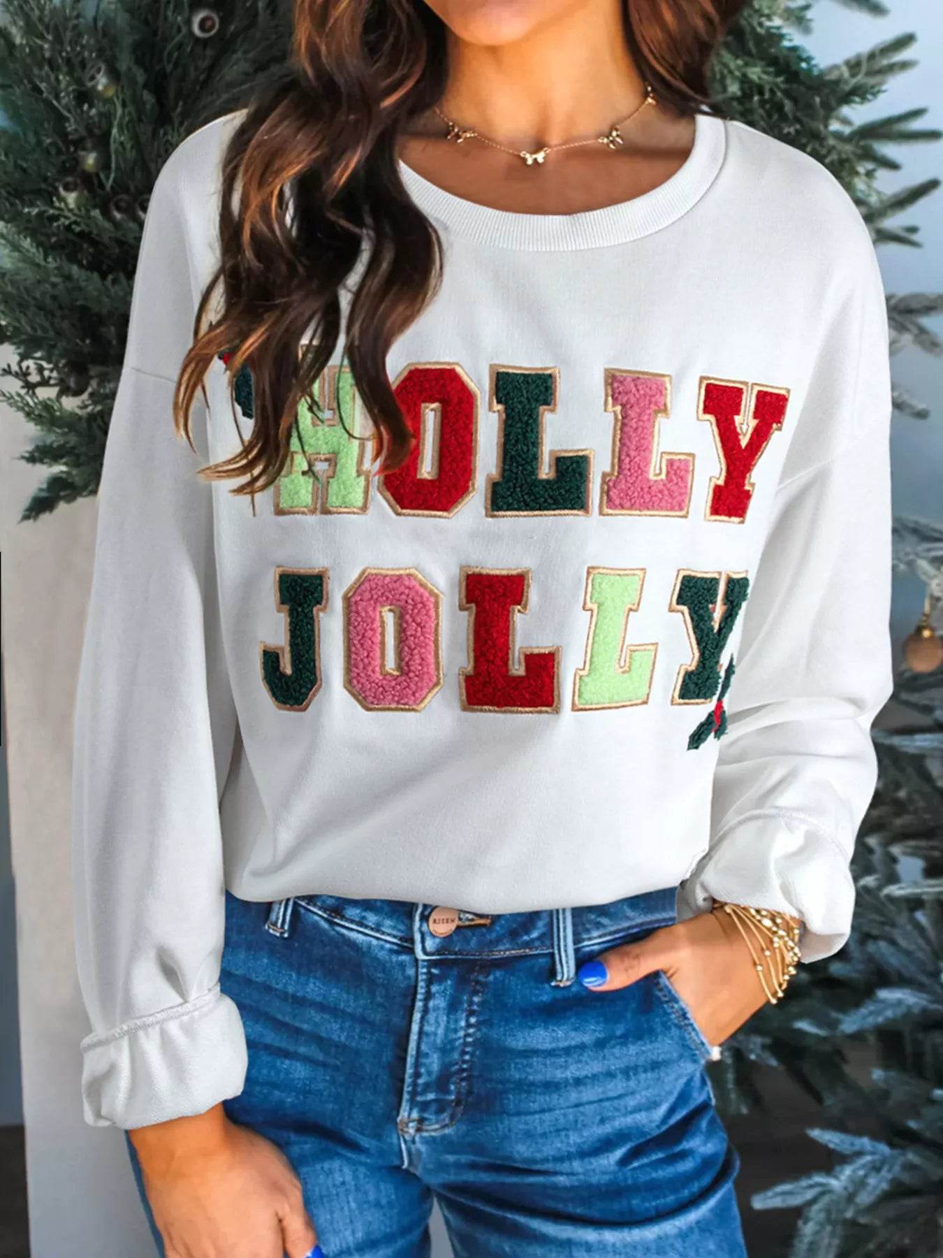 HOLLY JOLLY Embroidered Round Neck Sweatshirt - ELY VESSA LLC