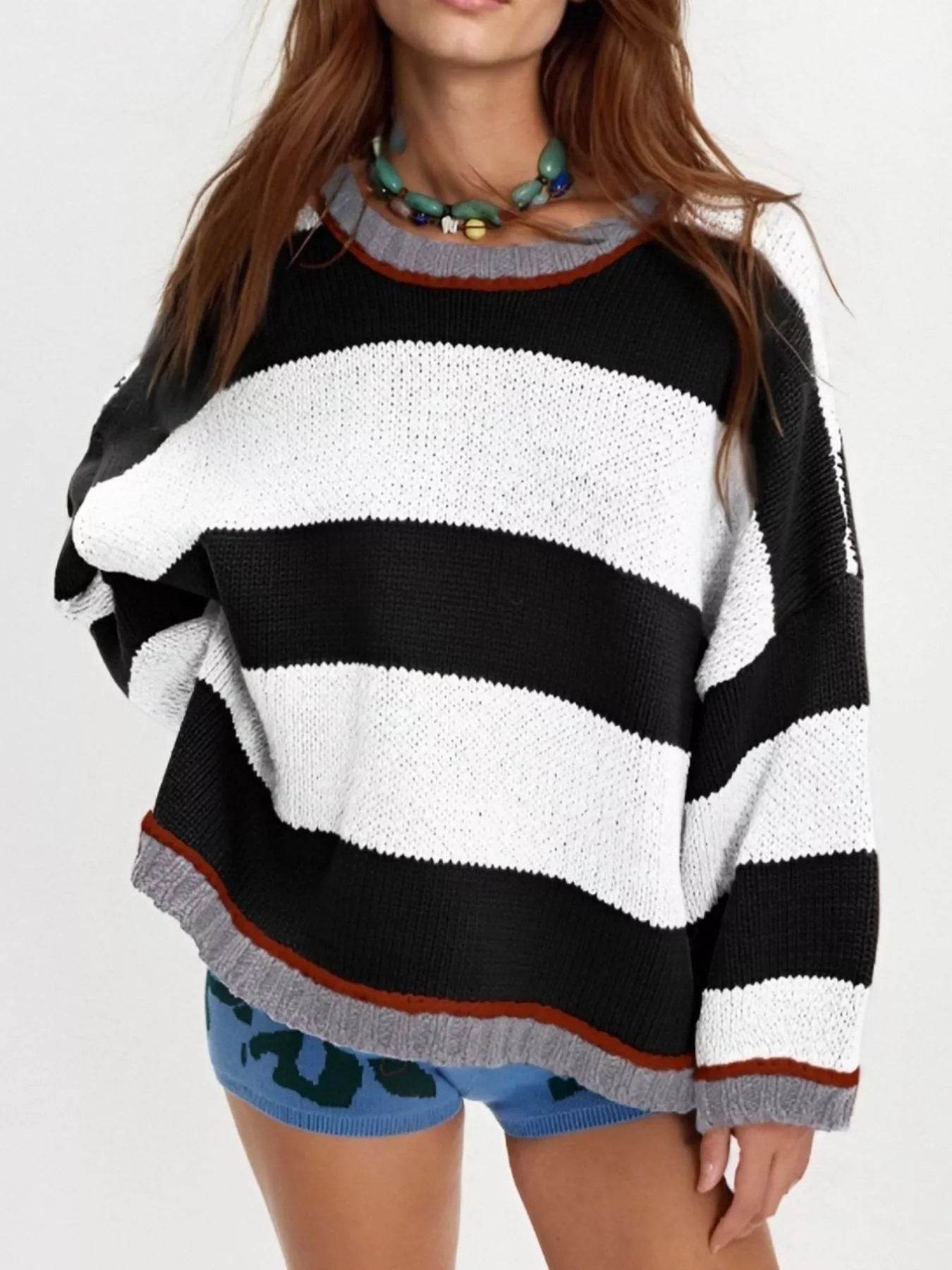 Color Block Round Neck Sweater - ELY VESSA LLC