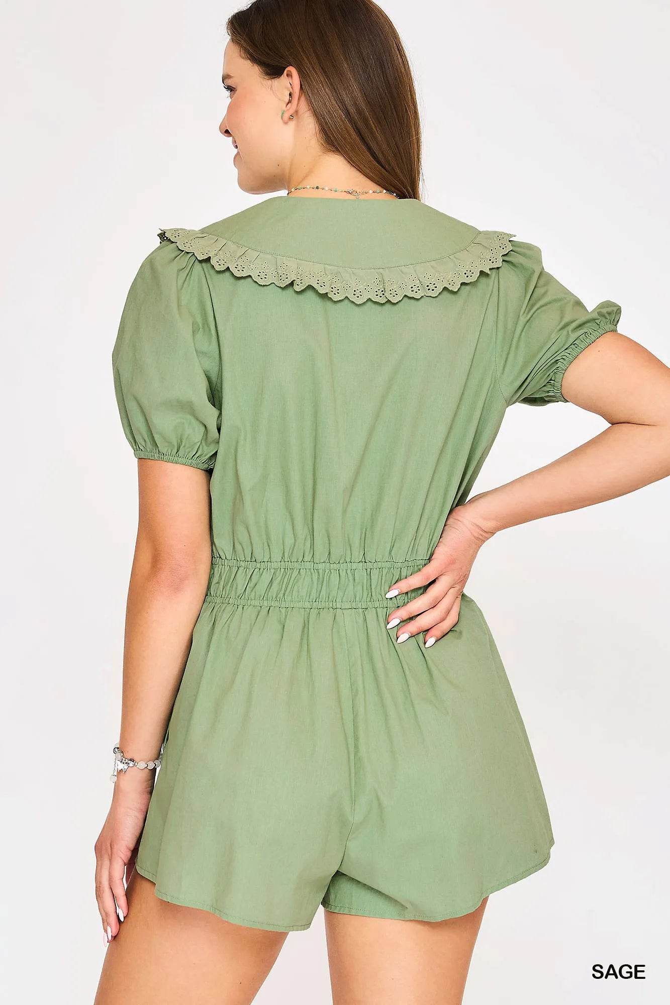Umgee Collared Short Sleeve Button Down Romper - ELY VESSA LLC