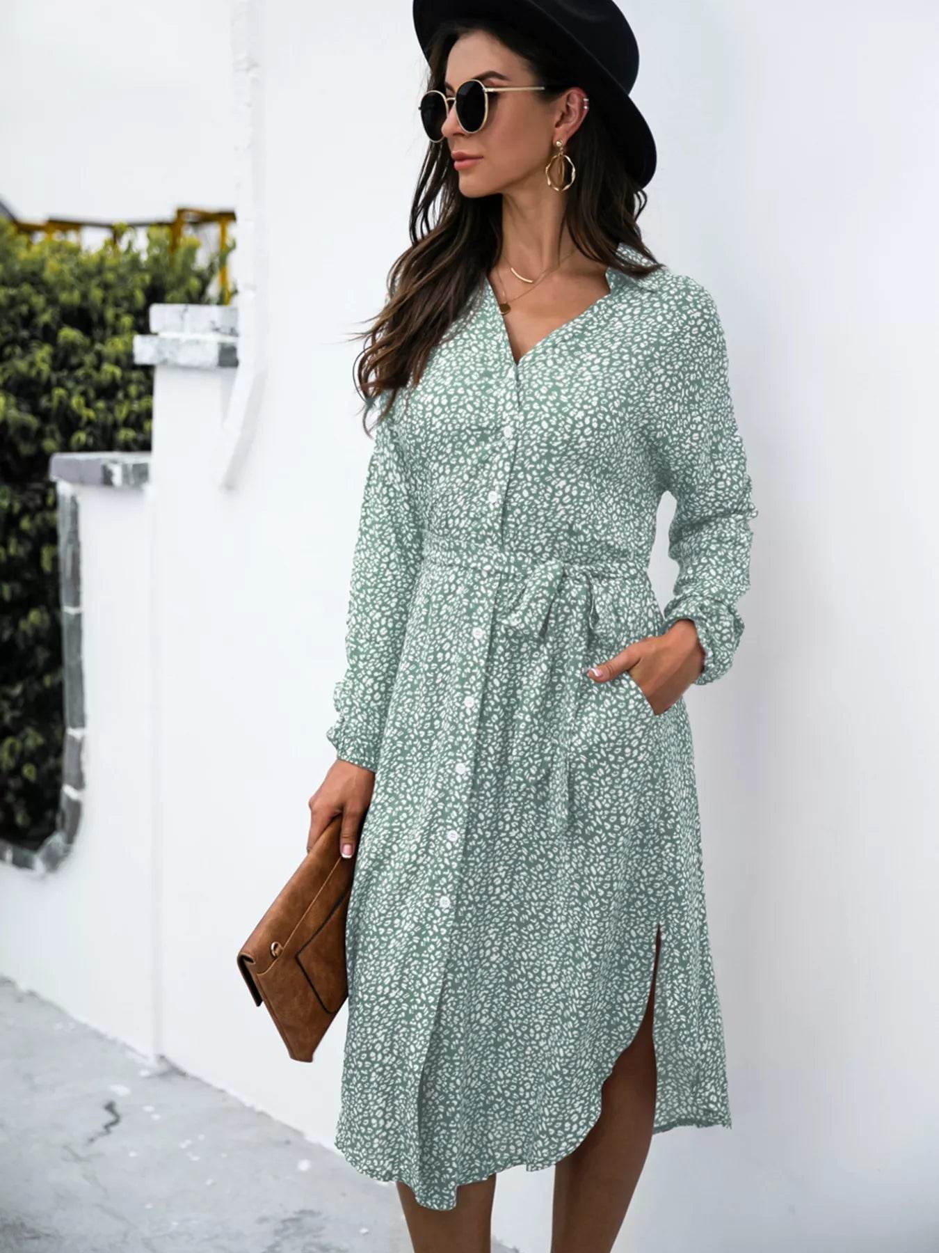 Button Down Printed Long Sleeve Shirt Dress - ELY VESSA LLC