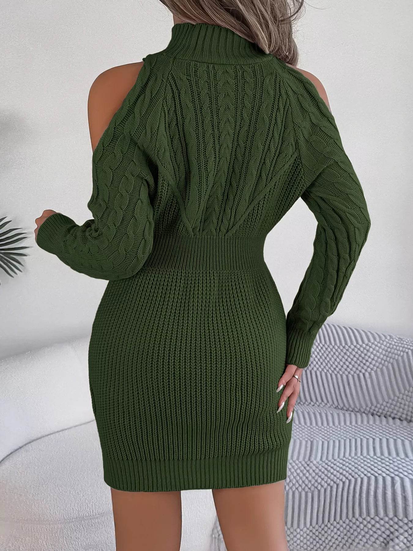 Cold Shoulder Cable Knit Turtleneck Sweater Dress - ELY VESSA LLC