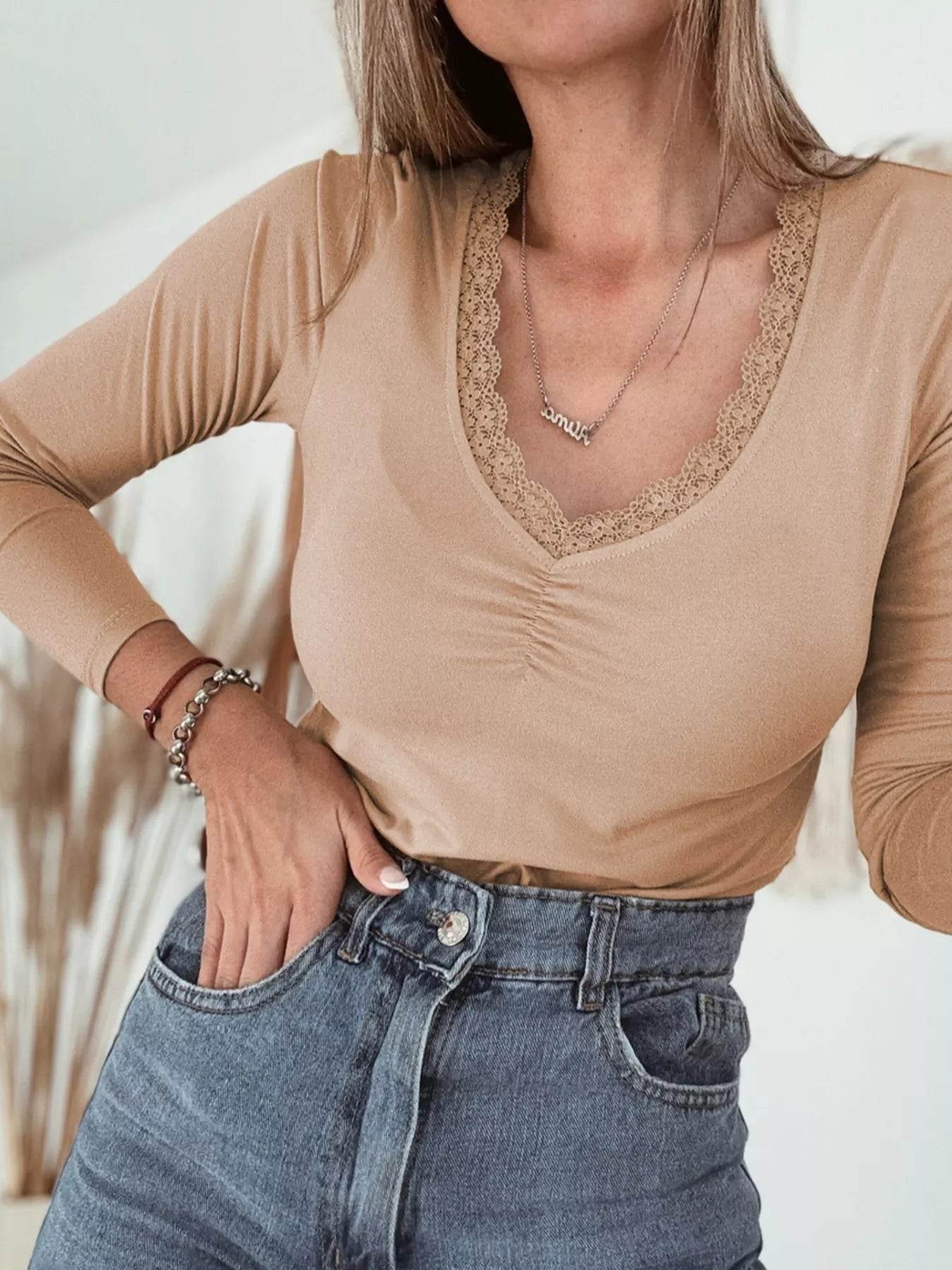 Lace-Trimmed Ruched Detail Long Sleeve T-Shirt - ELY VESSA LLC