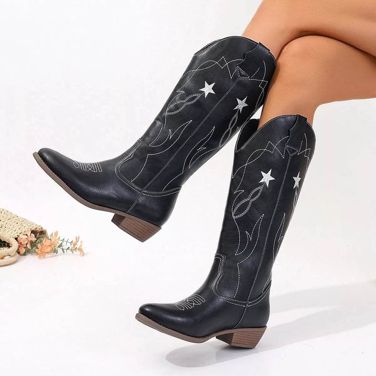Western Star Embroidered Cowboy Boots - ELY VESSA LLC