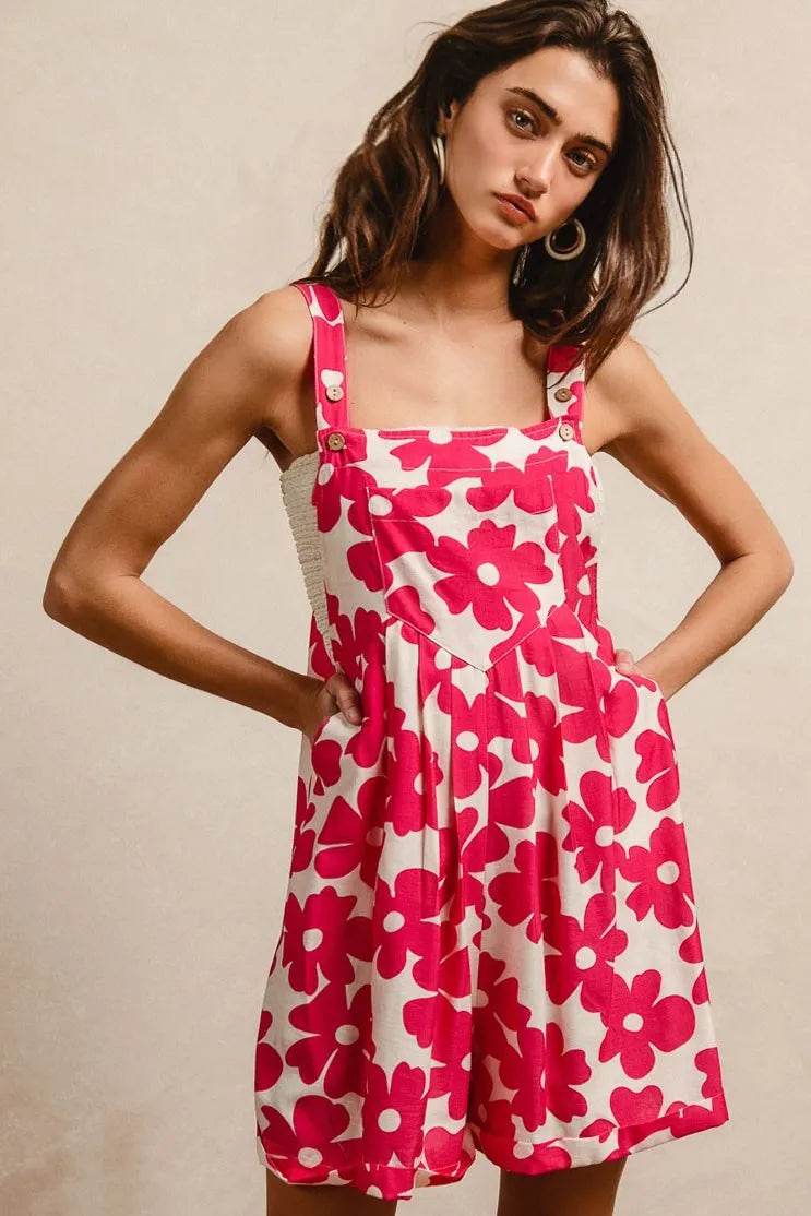 BiBi Floral Prints Tuck Detail Short Overall With Pockets - ELY VESSA LLC