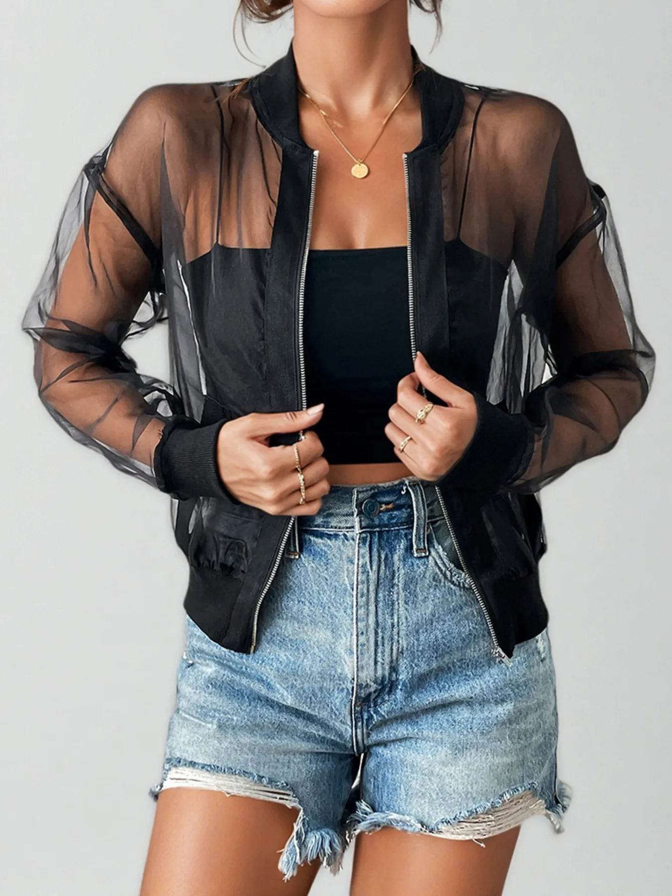 Sheer Mesh Zip Up Jacket - ELY VESSA LLC