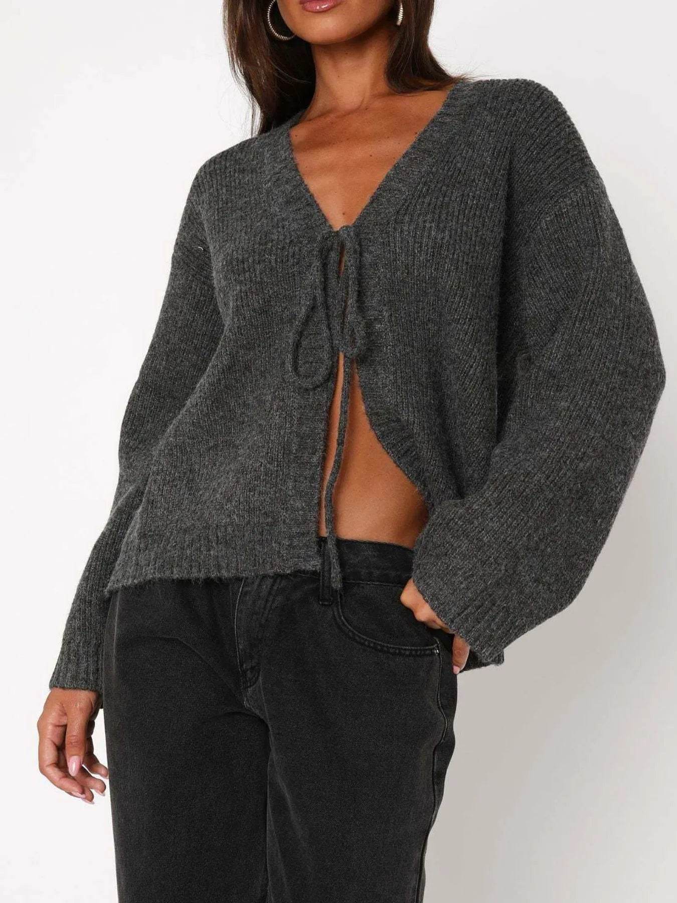 Open Front Tied Sweater Cardigan - ELY VESSA LLC