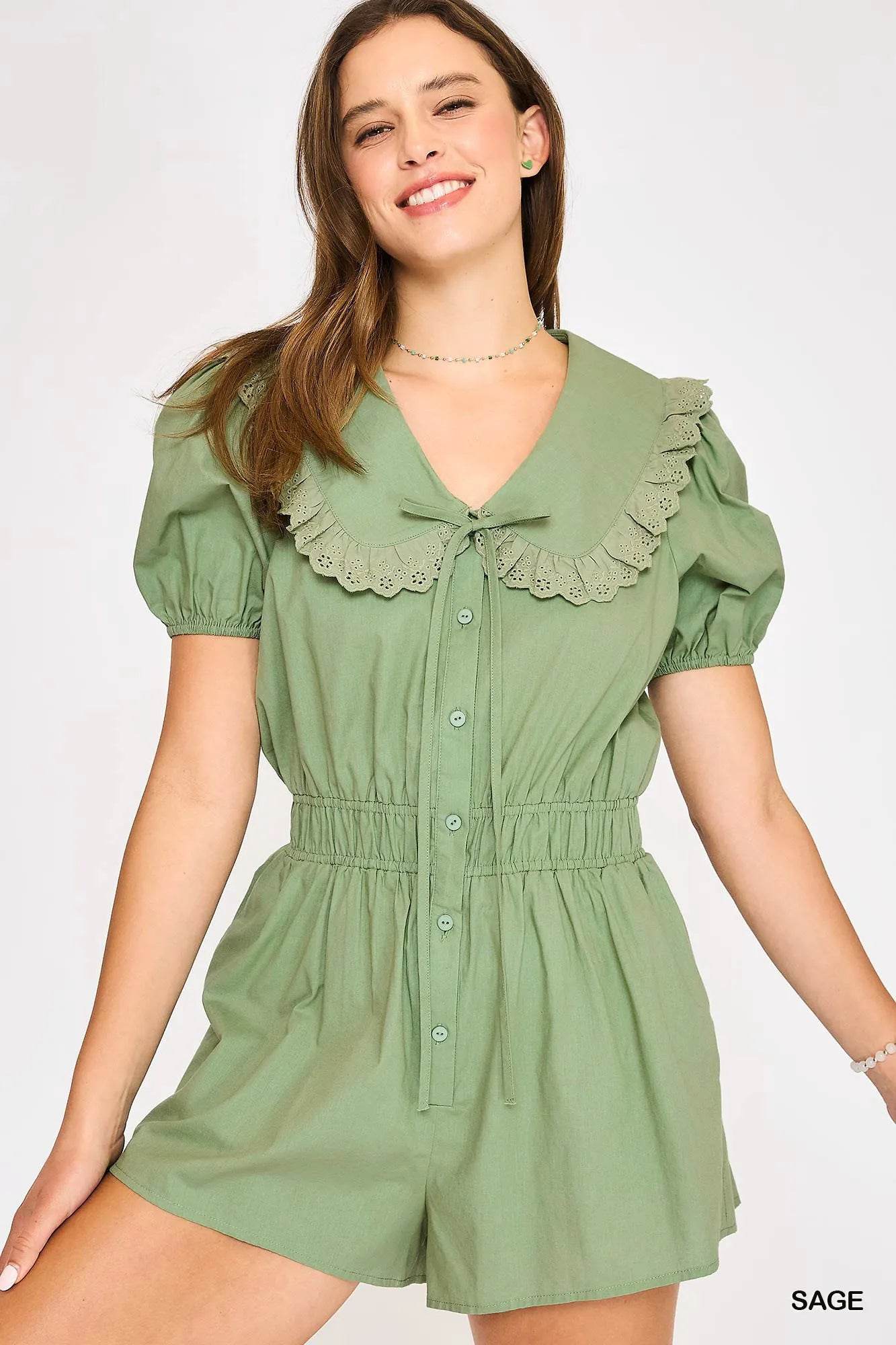 Umgee Collared Short Sleeve Button Down Romper - ELY VESSA LLC