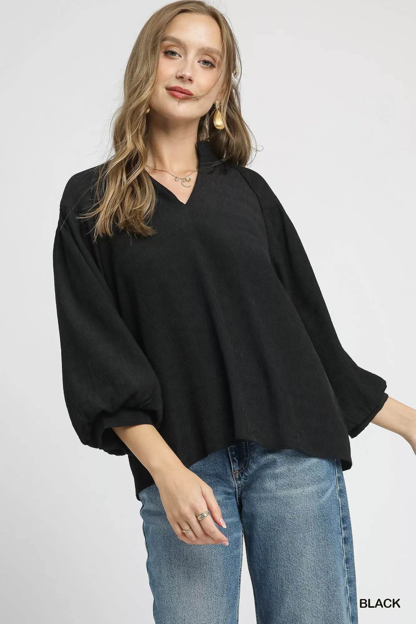 Umgee Textured V-Neck Blouse with Balloon Sleeves - ELY VESSA LLC