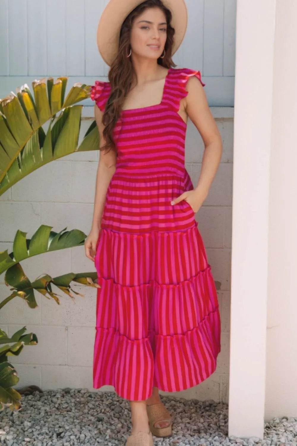 Stripe Flutter Sleeve Smocked Bodice Tiered Maxi Dress - ELY VESSA LLC