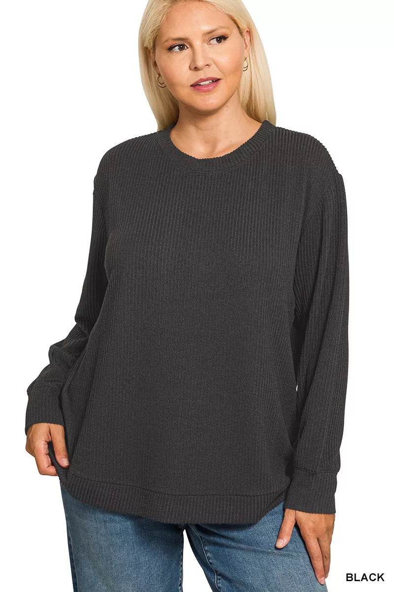 Zenana Full Size Raised Rib Round Neck Long Sleeve Top Plus Size - ELY VESSA LLC