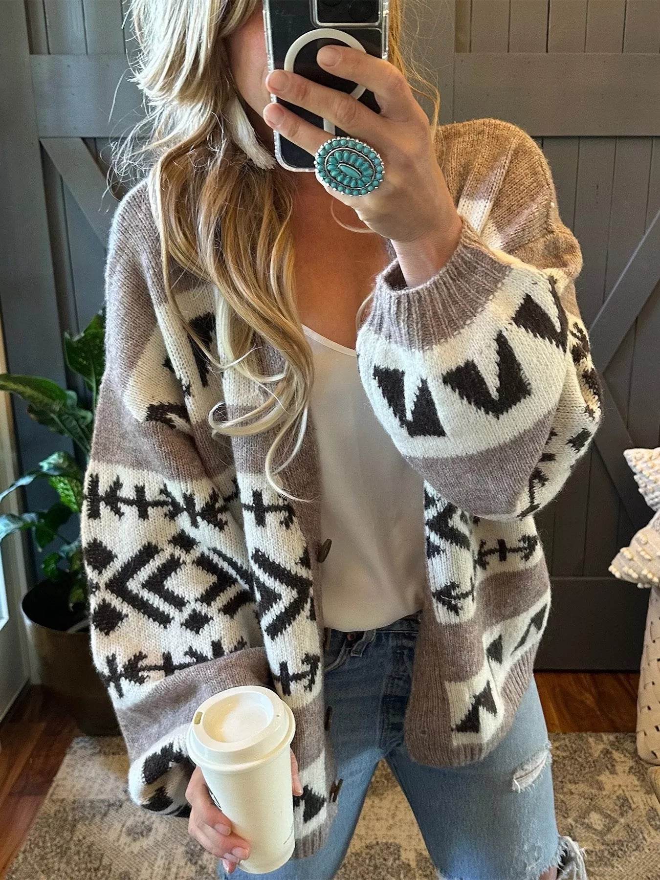 Aztec Pattern Oversized Button Up Cardigan - ELY VESSA LLC
