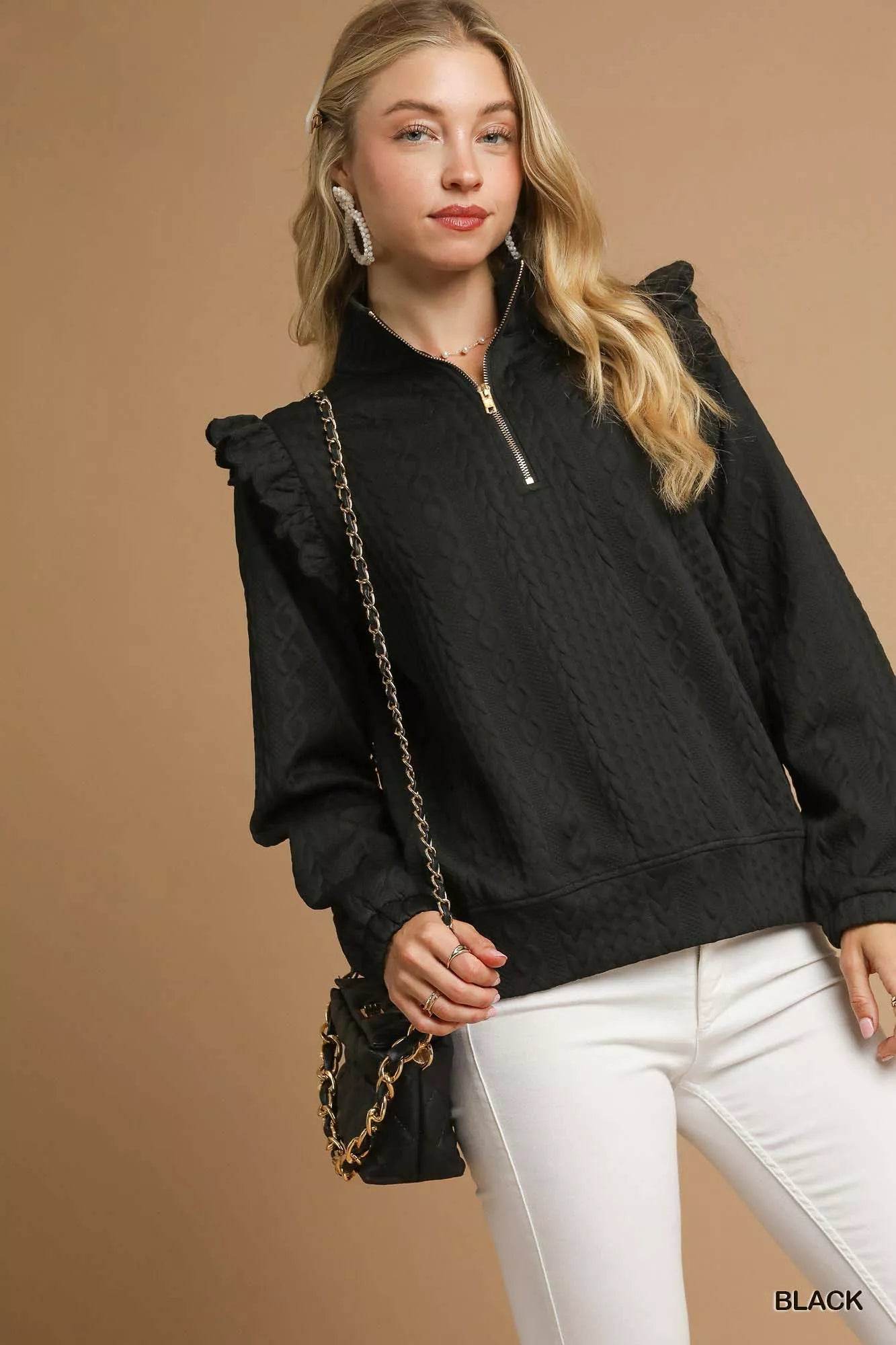 Umgee Cable Knit Textured Pullover with Ruffle Shoulders - ELY VESSA LLC