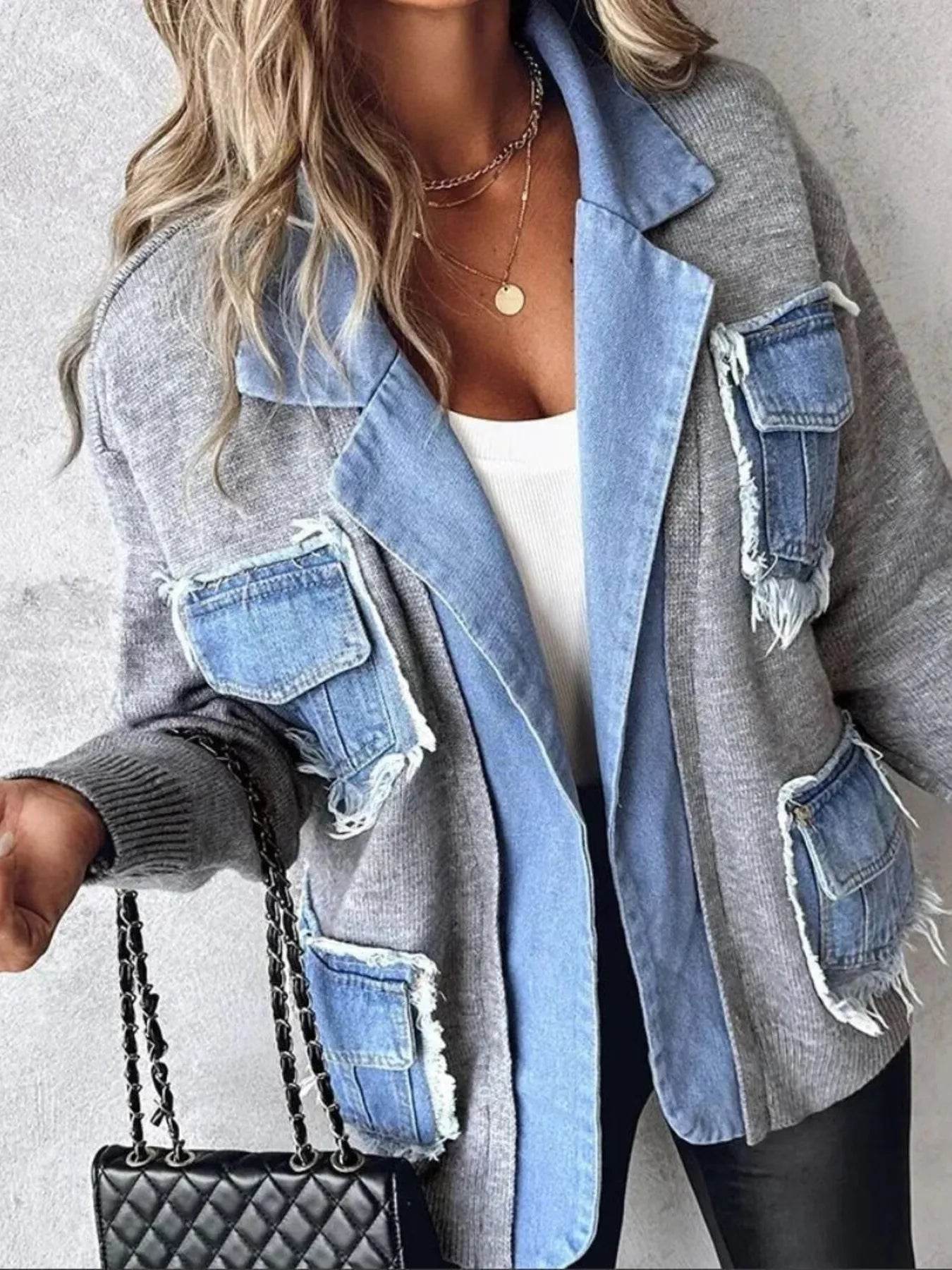 Raw Hem Denim Pocket Patchwork Cardigan - ELY VESSA LLC