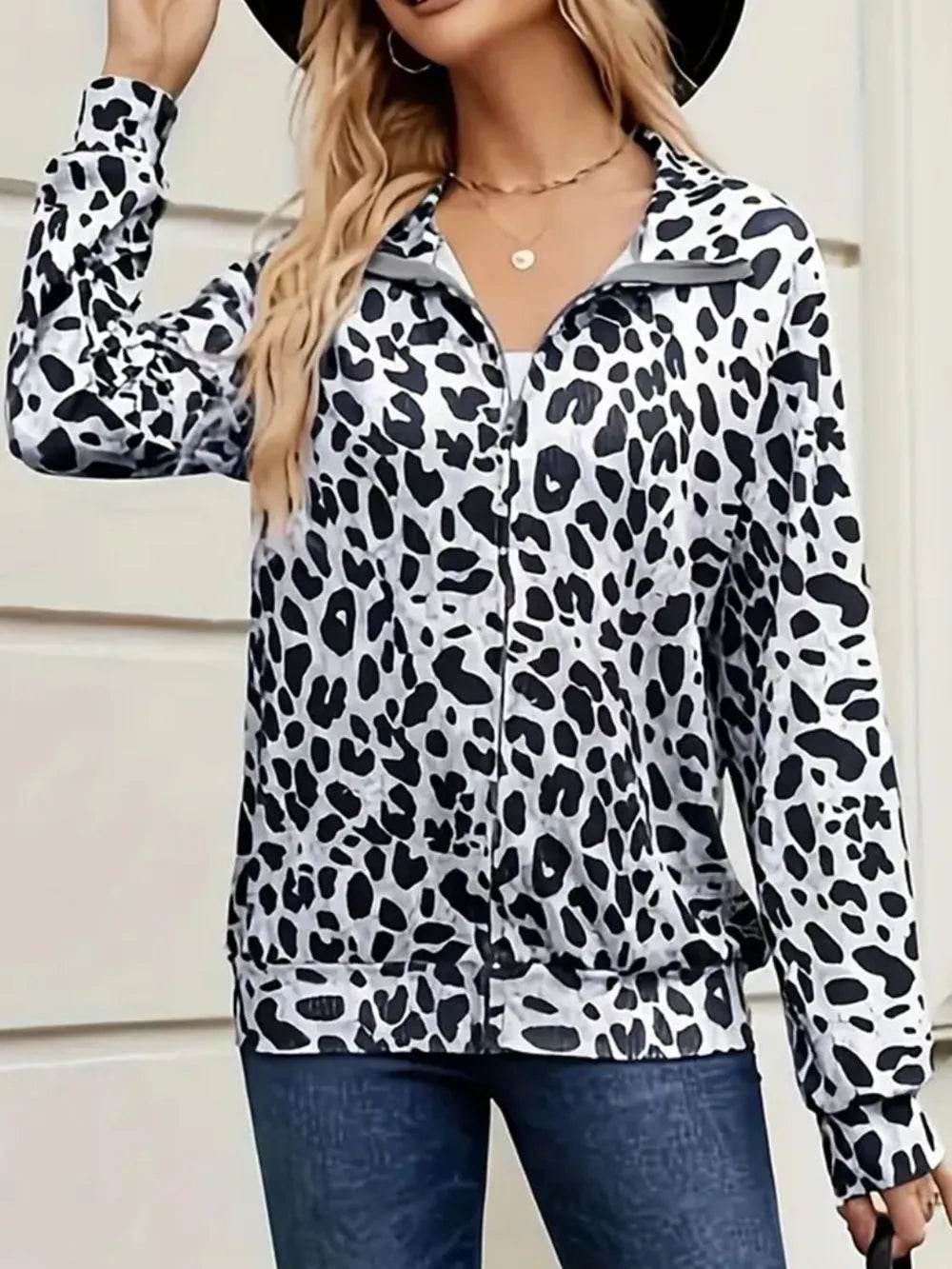 Full Size Leopard Collared Neck Zip Up Jacket - ELY VESSA LLC