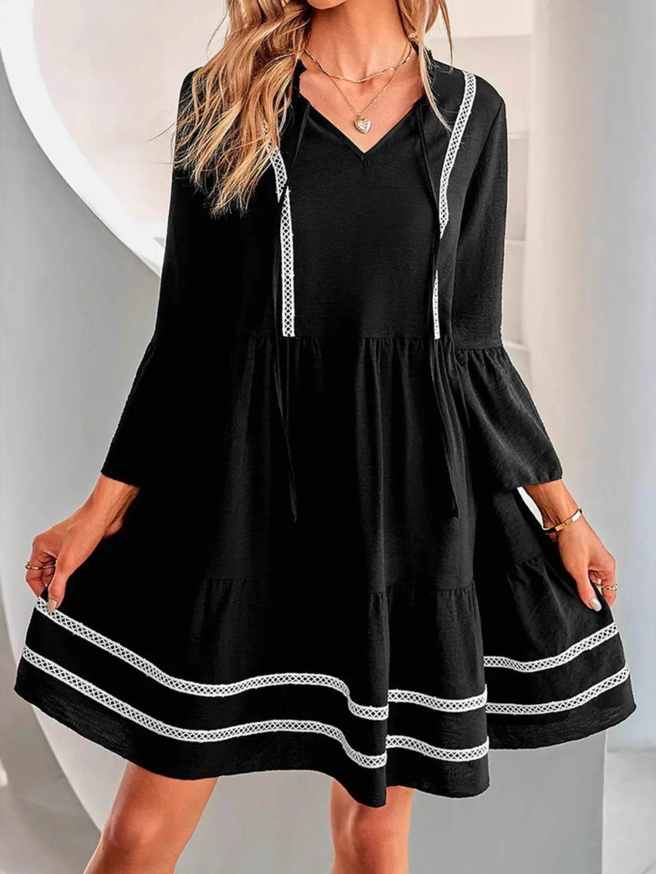 Tie-Neck Long Sleeve Mini Dress with Trim Detail - ELY VESSA LLC