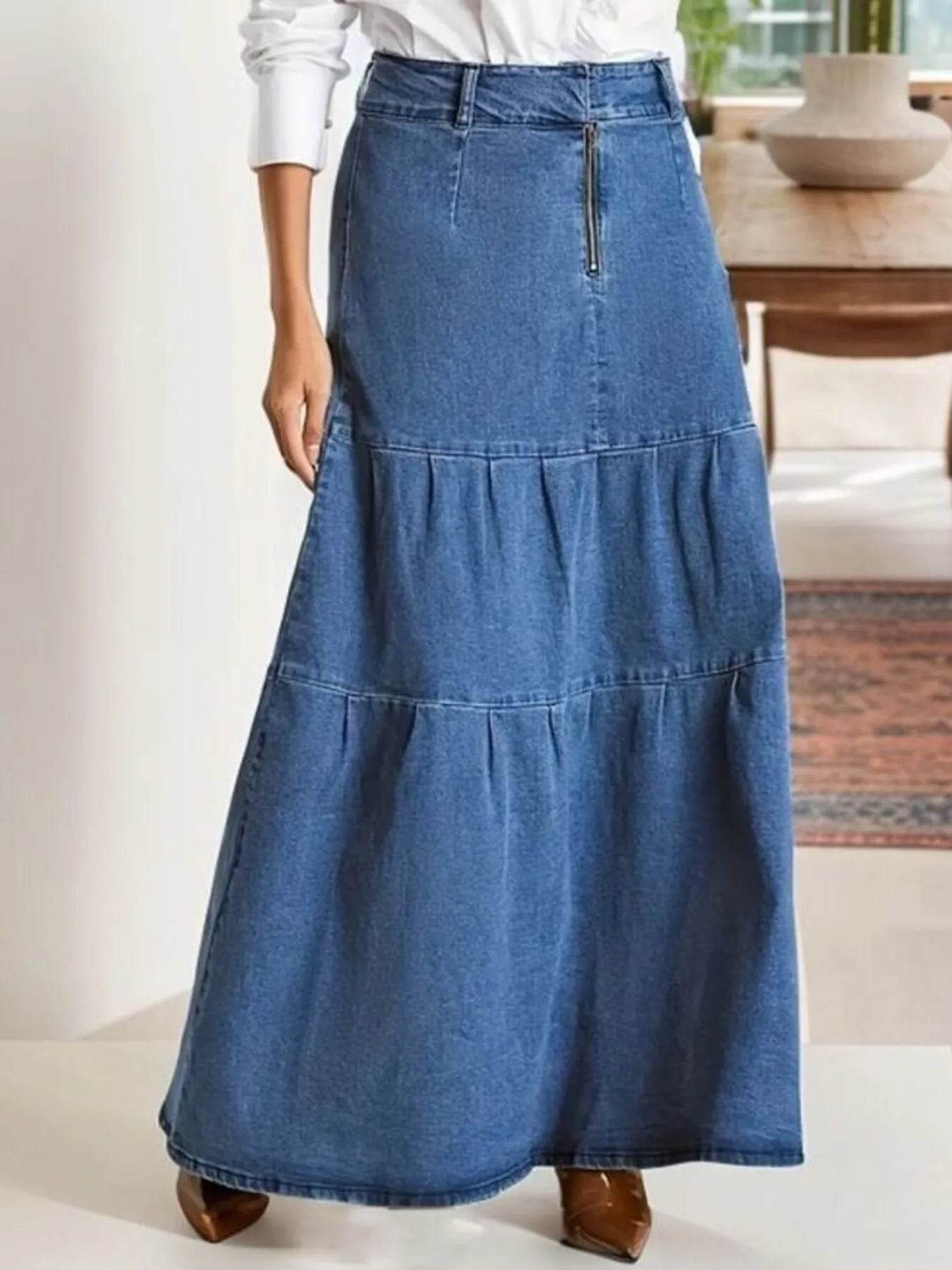 Tiered Maxi Denim Skirt with Zipper Detail - ELY VESSA LLC