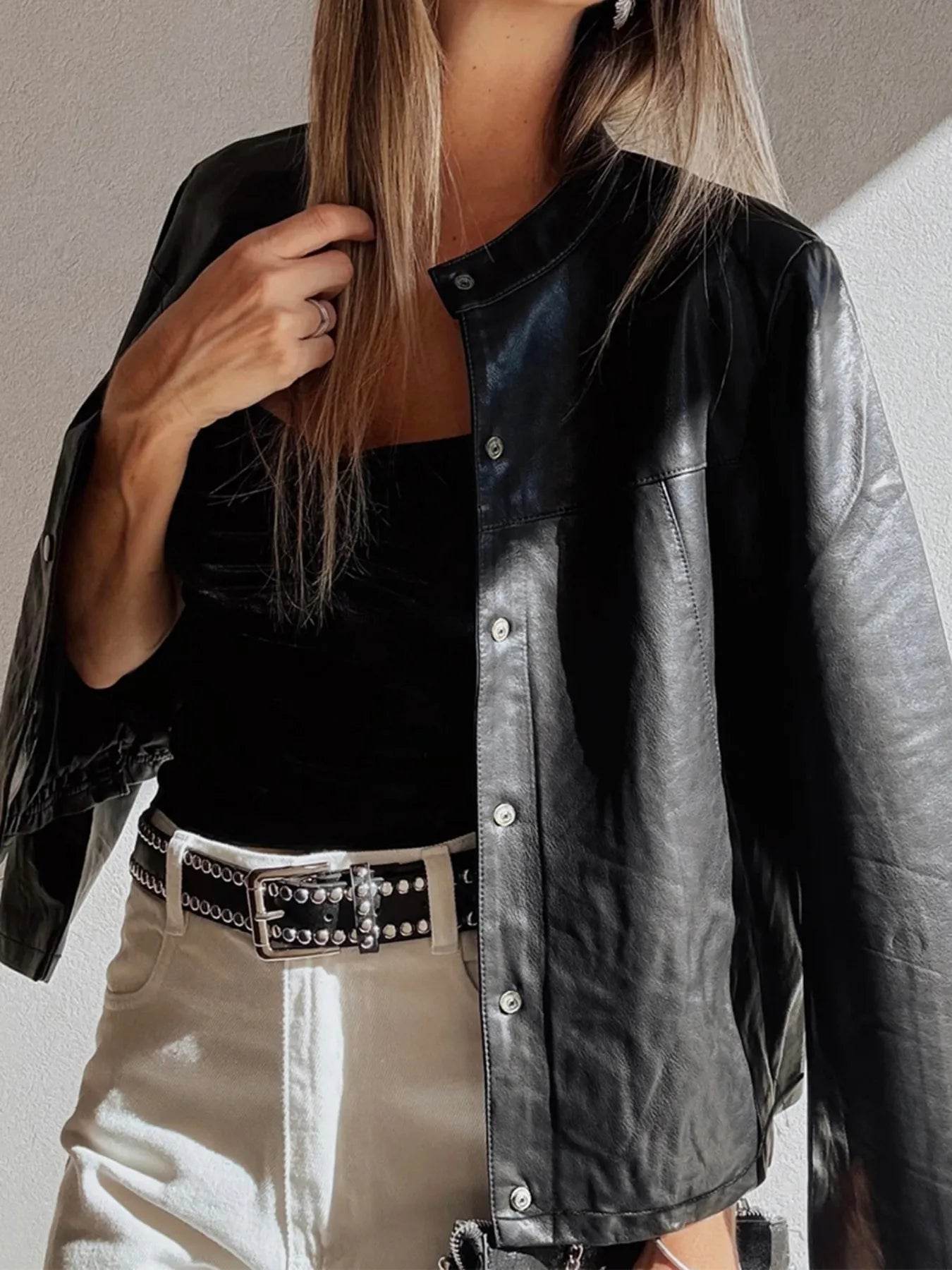 Faux Leather Buttoned Front Boxy Jacket - ELY VESSA LLC