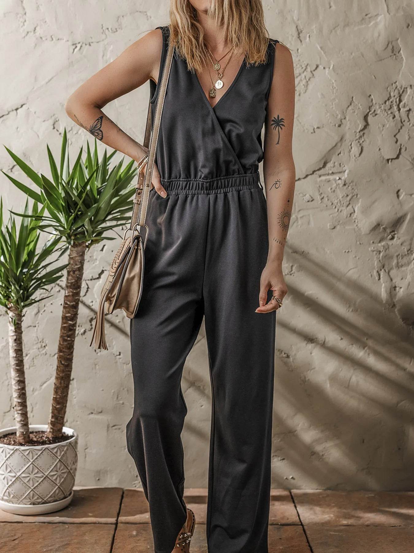 Wrap Surplice Sleeveless High Waist Jumpsuit - ELY VESSA LLC
