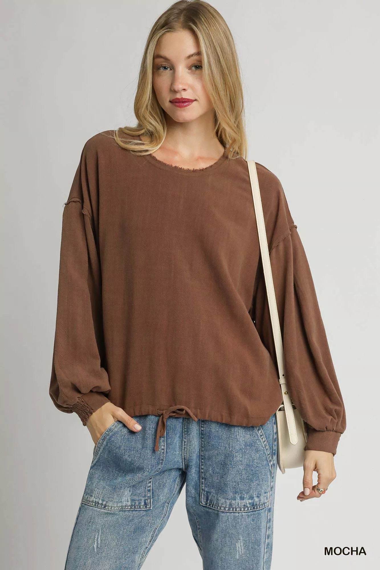 Umgee Linen Long Sleeve Top with Drawstring - ELY VESSA LLC