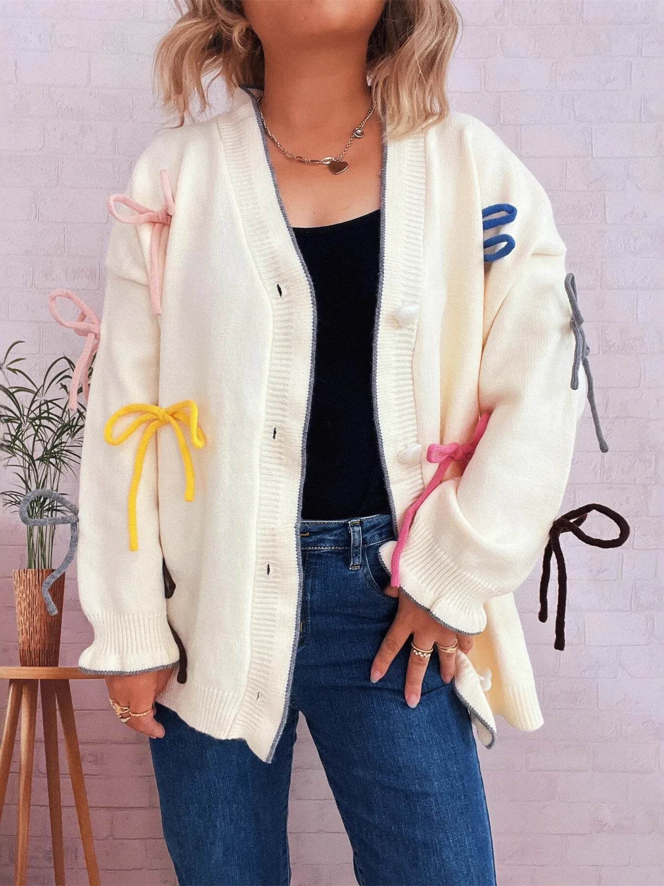 Bow Tie Button Up Cardigan - ELY VESSA LLC