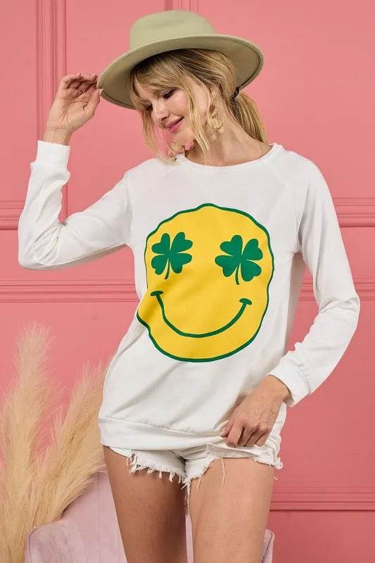 BiBi Smile Face Graphic Round Neck Long Sleeve Top - ELY VESSA LLC