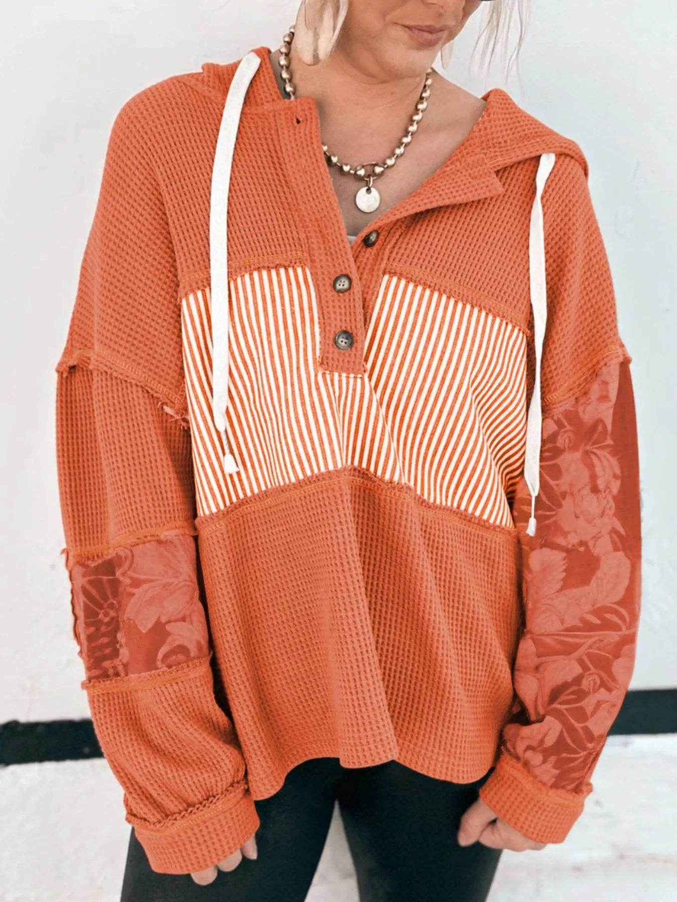 Waffle Knit Color Block Striped Drawstring Hoodie - ELY VESSA LLC