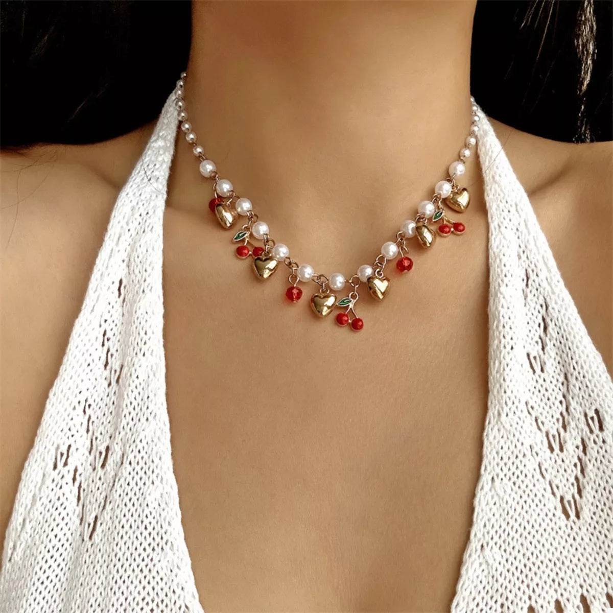 18K Gold-Plated Cherry & Heart Pearl Necklace - ELY VESSA LLC
