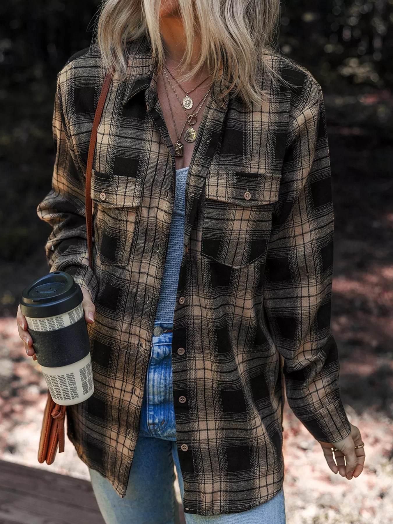 Plaid Double Flap Pocket Brushed Shacket - ELY VESSA LLC