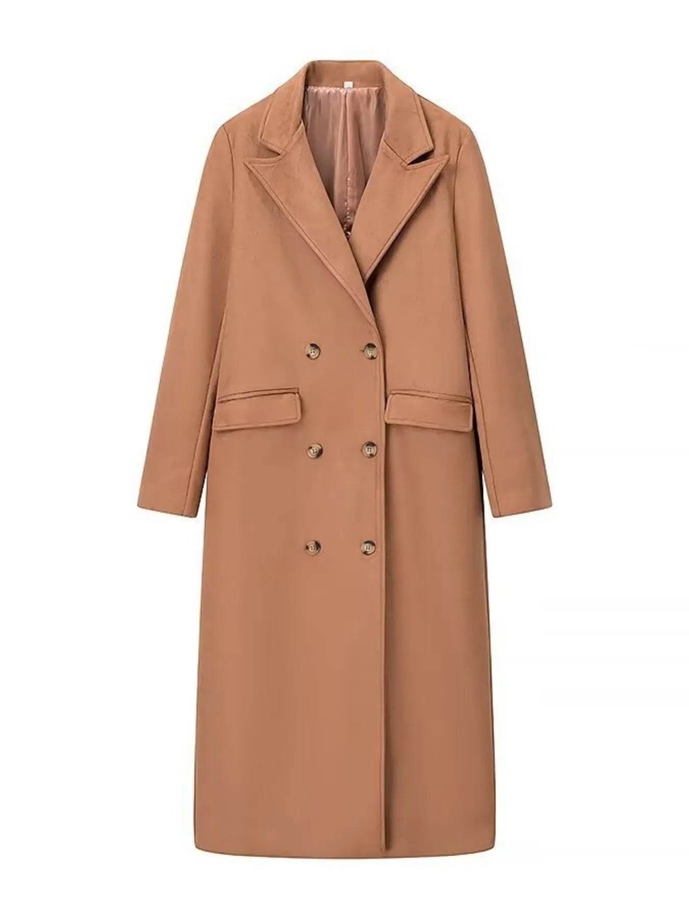 Double-Breasted Lapel Collar Long Coat - ELY VESSA LLC