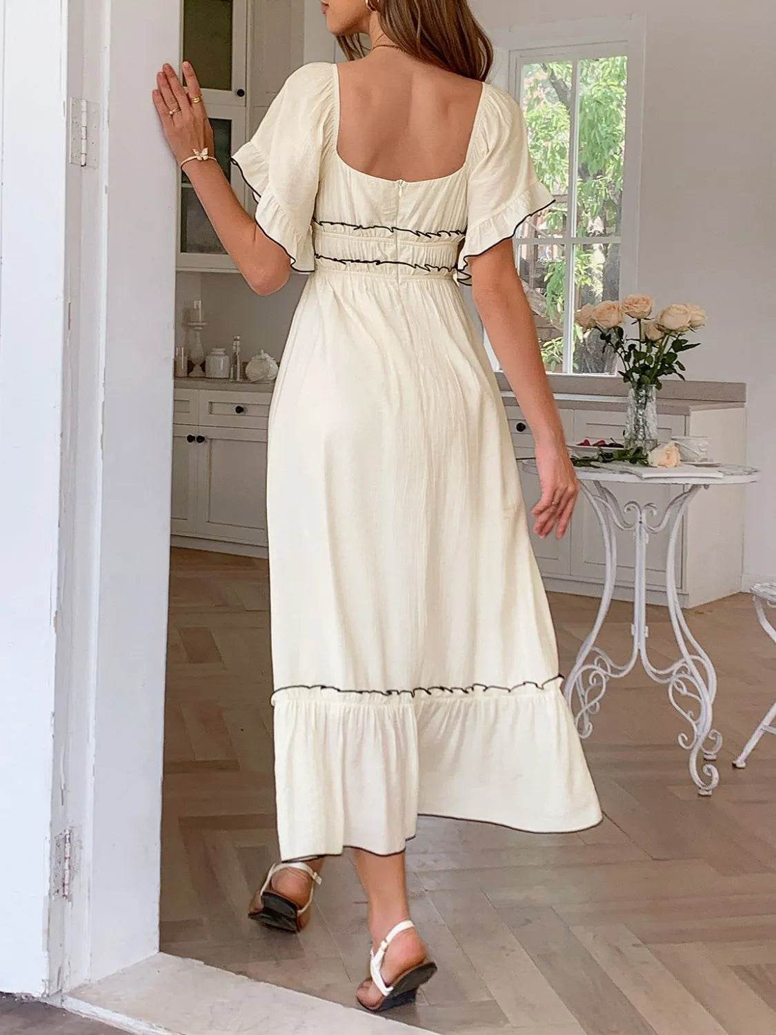 Square Neck Puff Sleeve Ruffle Trim Maxi Dress - ELY VESSA LLC
