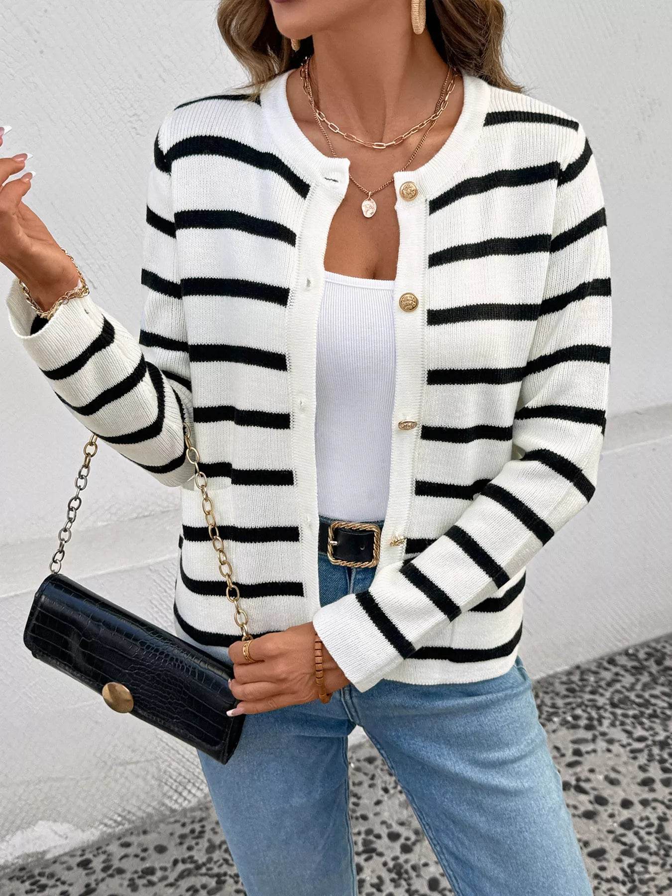 Striped Button-Front Cardigan - ELY VESSA LLC