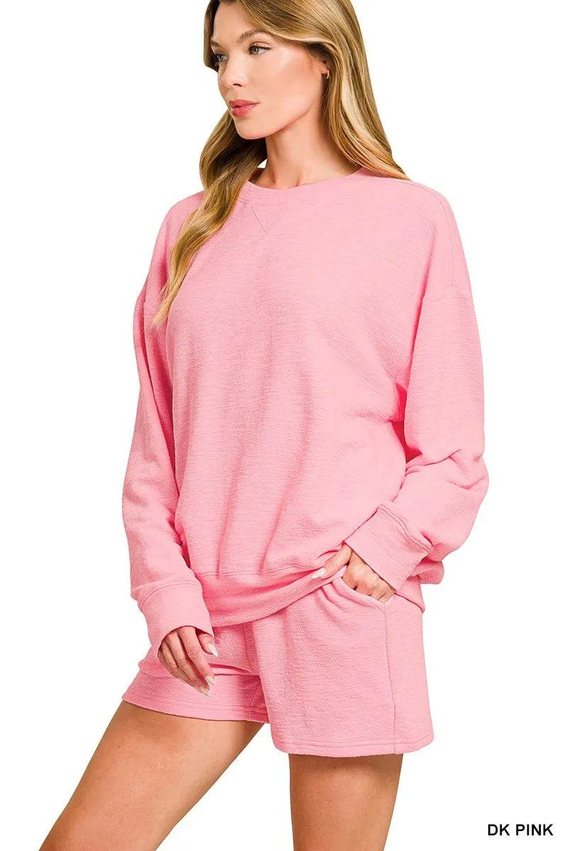 Zenana Slub Long Sleeve Top and Shorts Set - ELY VESSA LLC