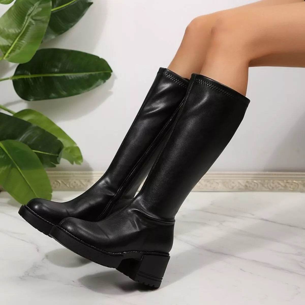 Round Toe Block Heels Boots - ELY VESSA LLC