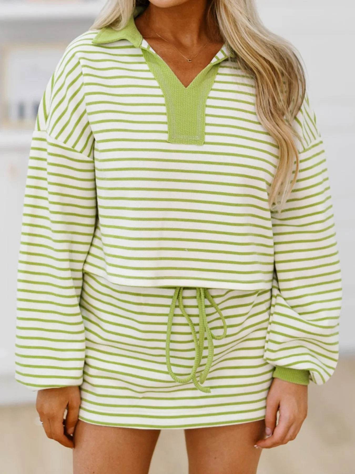 Collared Neck Striped Top and Drawstring Skirt Set - ELY VESSA LLC