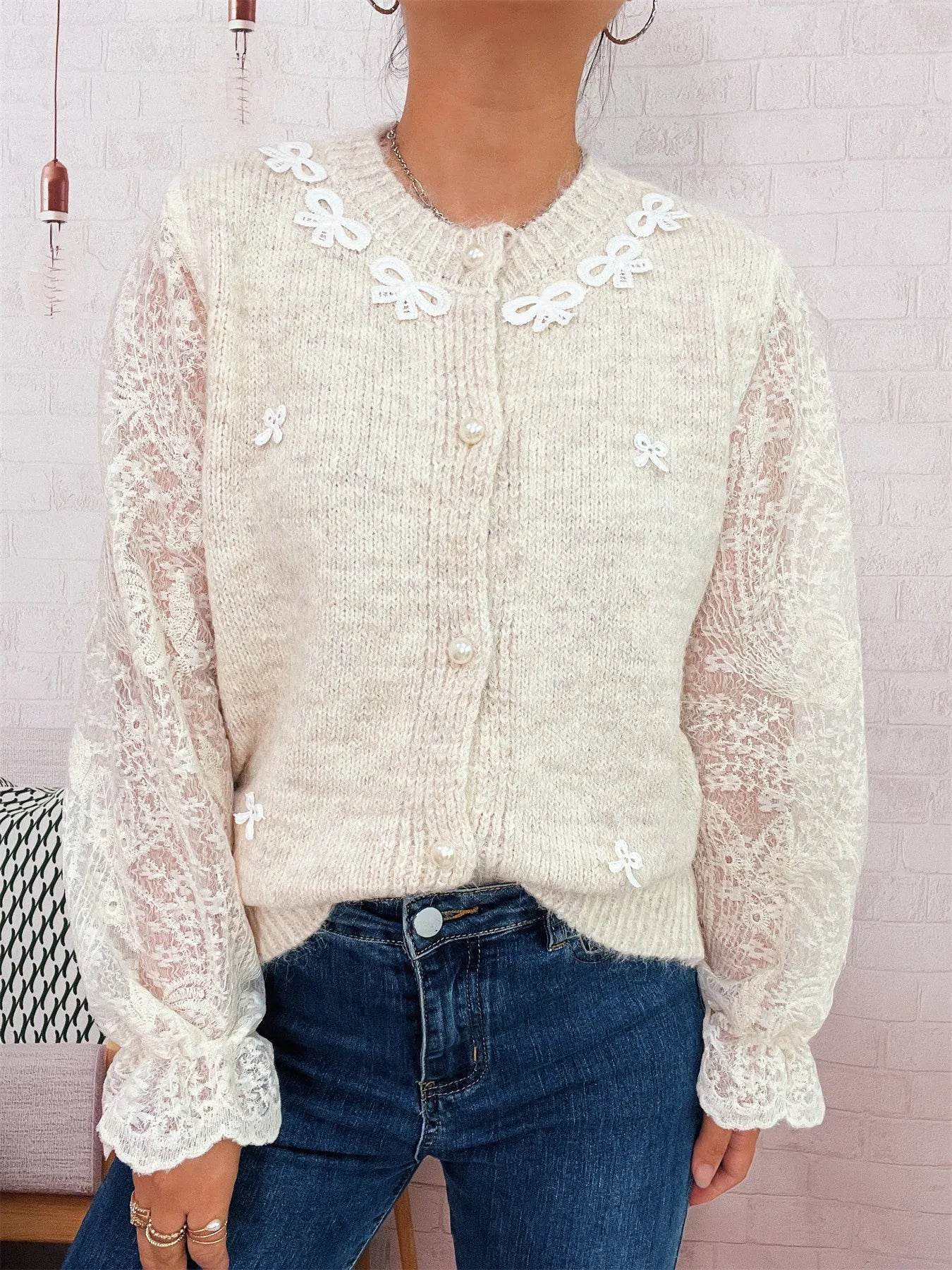 Lace Sleeve Button-Up Cardigan - ELY VESSA LLC