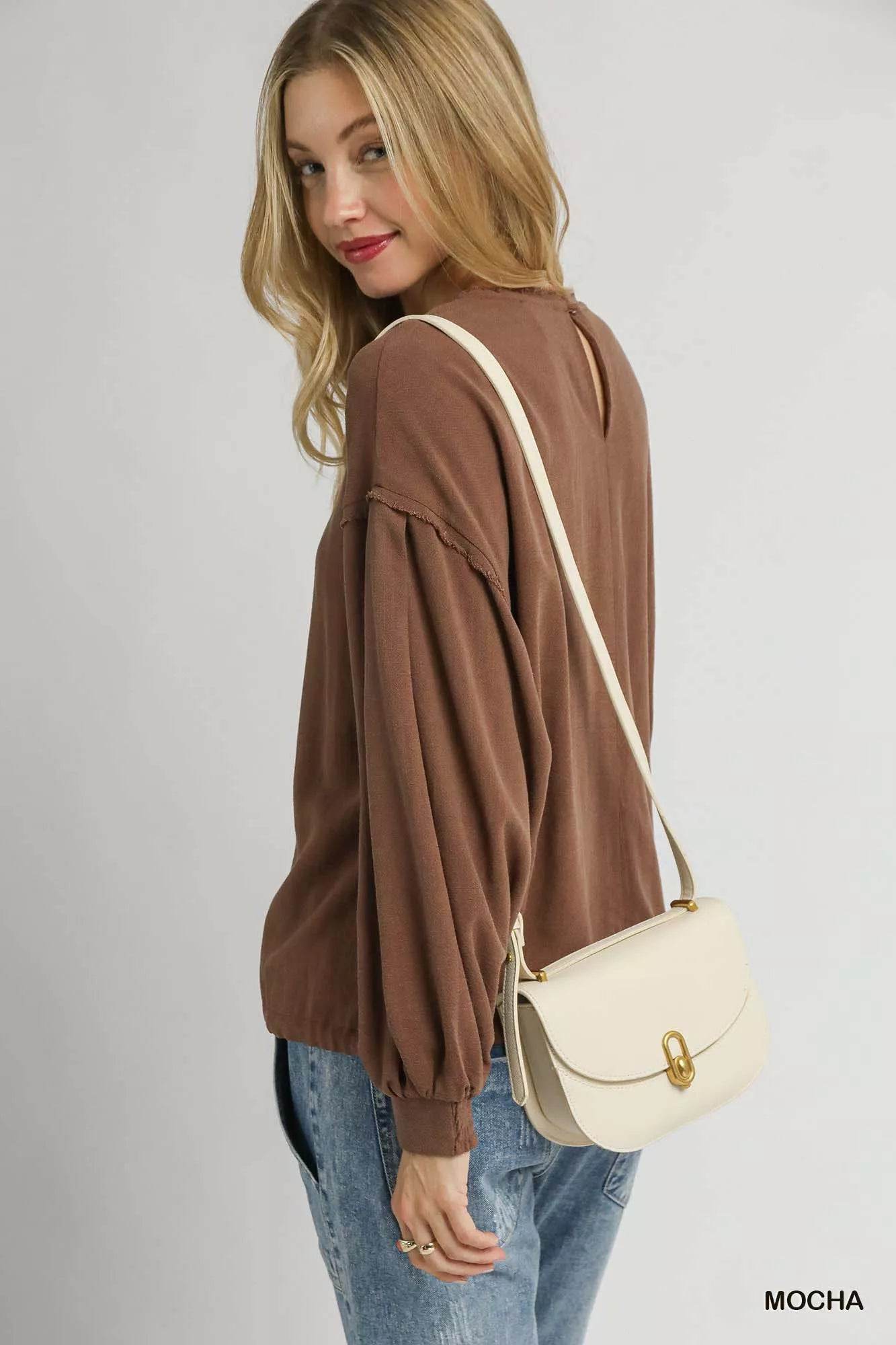 Umgee Linen Long Sleeve Top with Drawstring - ELY VESSA LLC