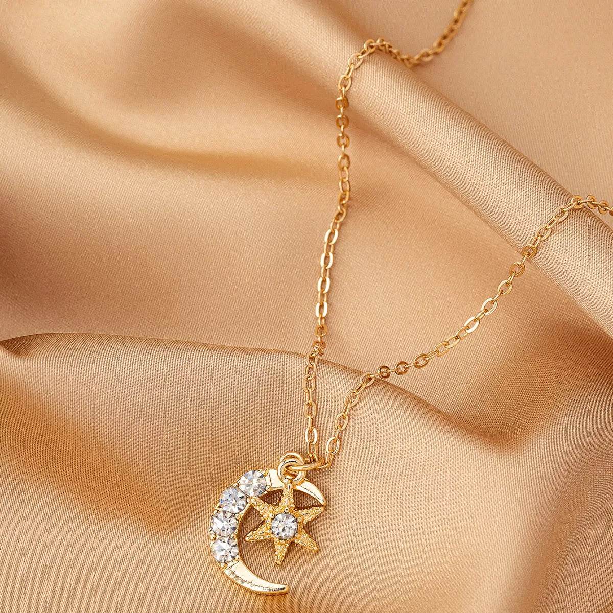18K Gold-Plated Rhinestone Star & Moon Necklace - ELY VESSA LLC