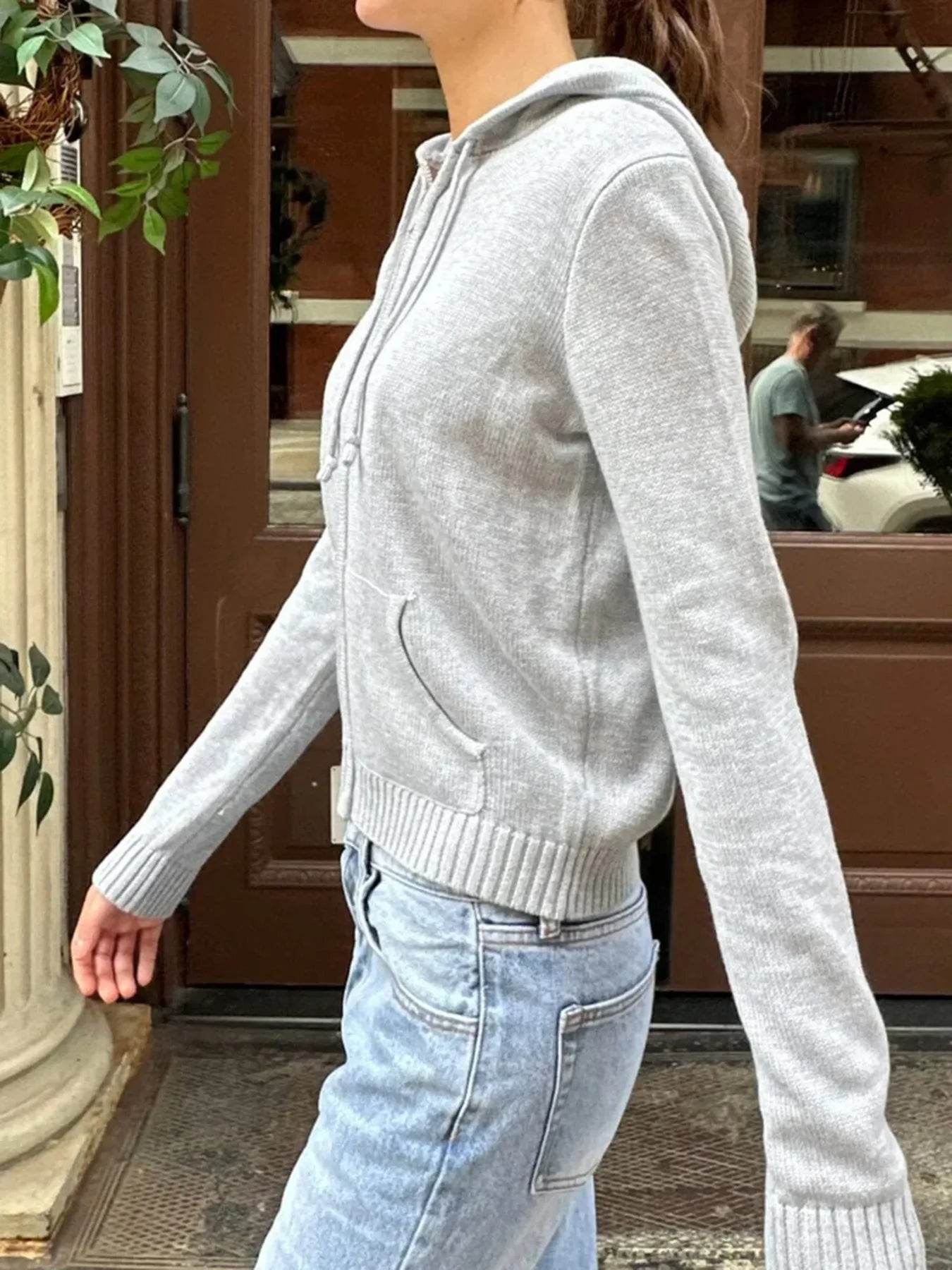 Drawstring Zip Up Long Sleeve Cardigan - ELY VESSA LLC
