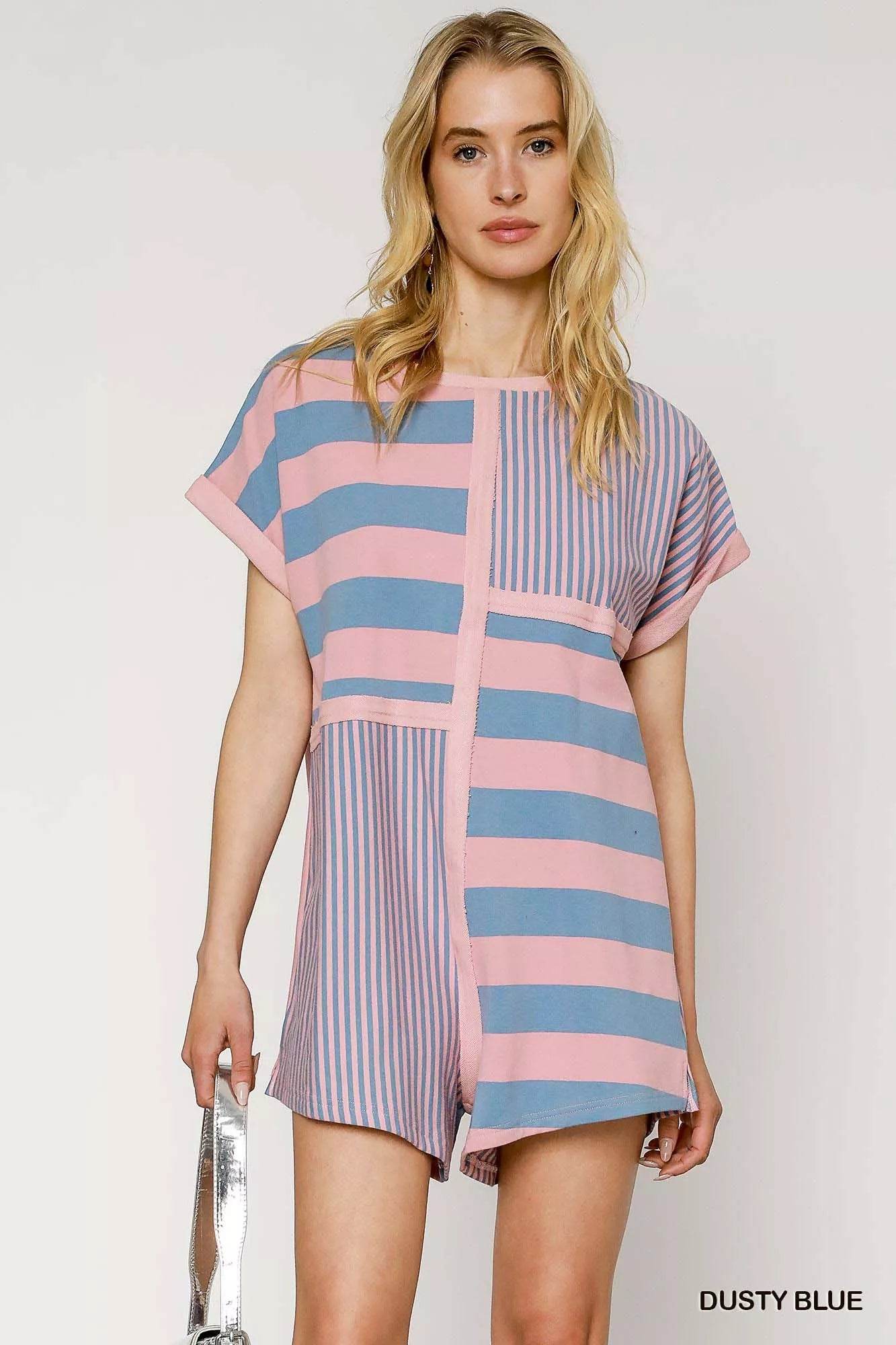 Umgee Mixed Striped Short Sleeve Romper - ELY VESSA LLC