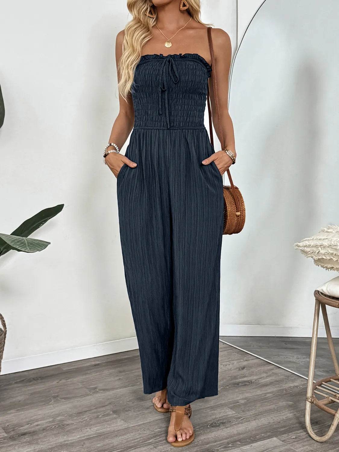 Smocked Tube Wide Leg Jumpsuit - ELY VESSA LLC