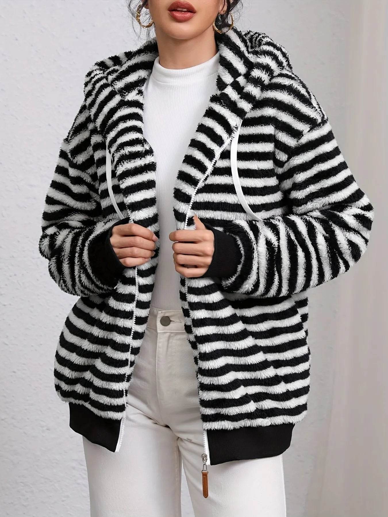 Striped Fuzzy Zip Up Hooded Outerwear - ELY VESSA LLC