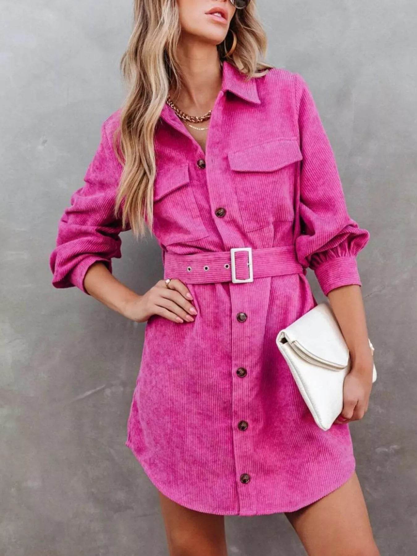 Button Front Belt Long Sleeve Corduroy Dress - ELY VESSA LLC